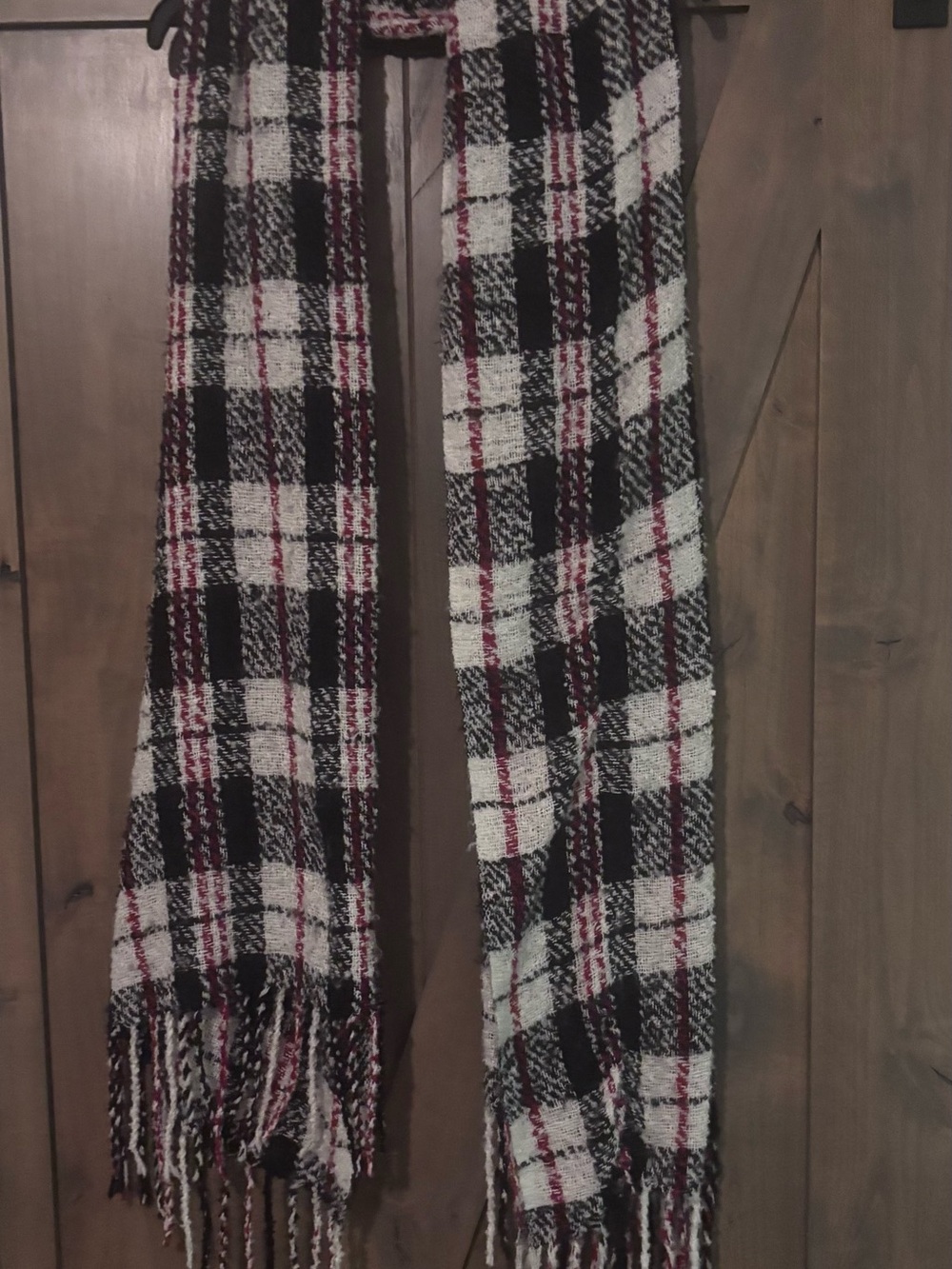 Free People Black, White & Burgundy Plaid Fringe Scarf